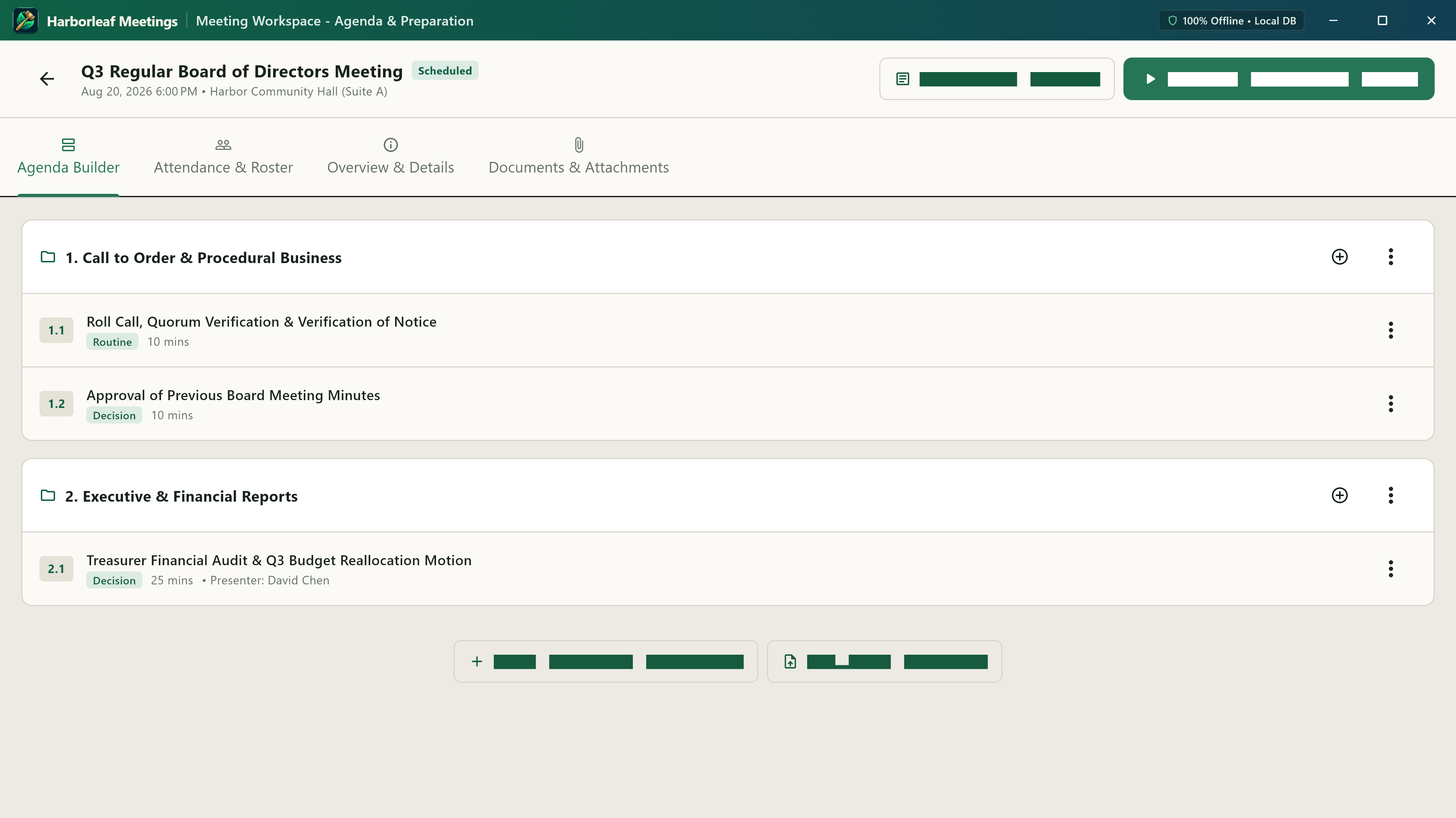 Harborleaf Meeting agenda workspace with timed items and meeting controls