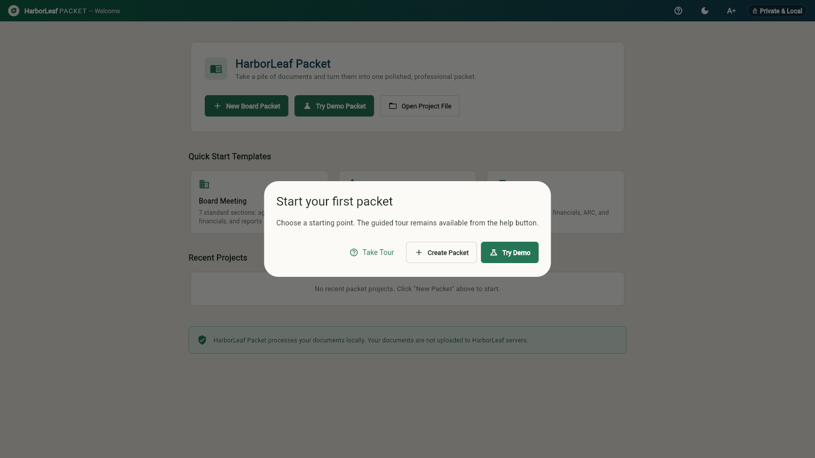 Harborleaf Packet welcome screen with options to create or try a demo board packet
