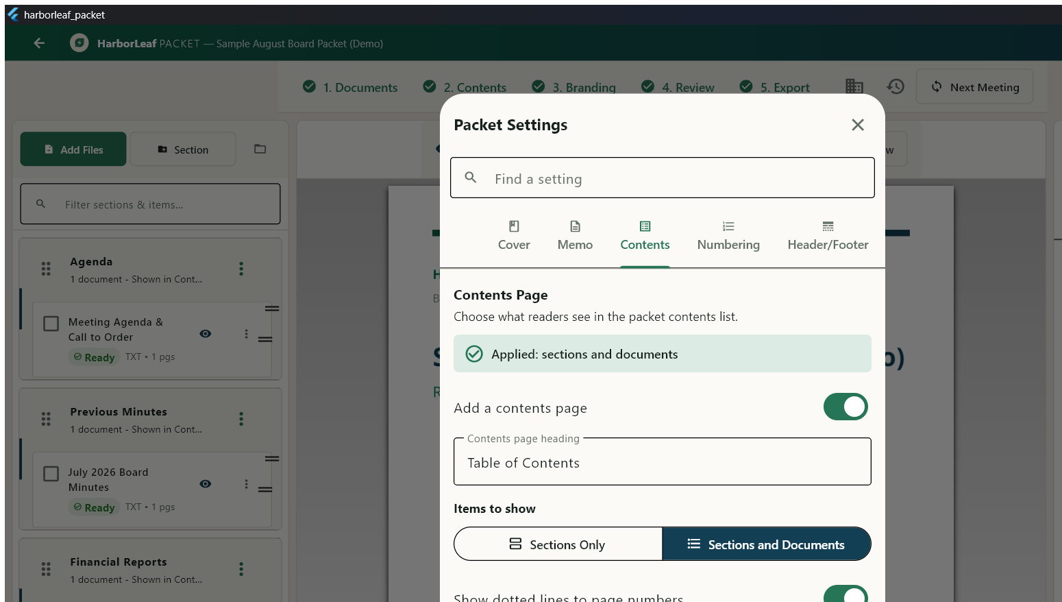 Harborleaf Packet contents settings for detail, dotted leaders, columns, and print sizing