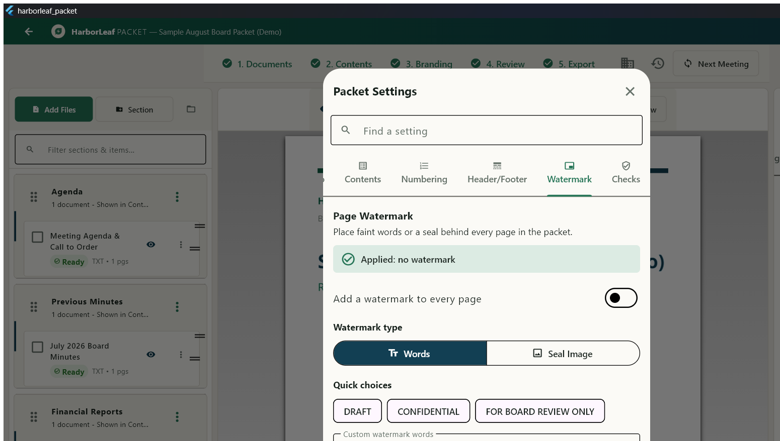 Harborleaf Packet watermark controls for text, visibility, opacity, and angle