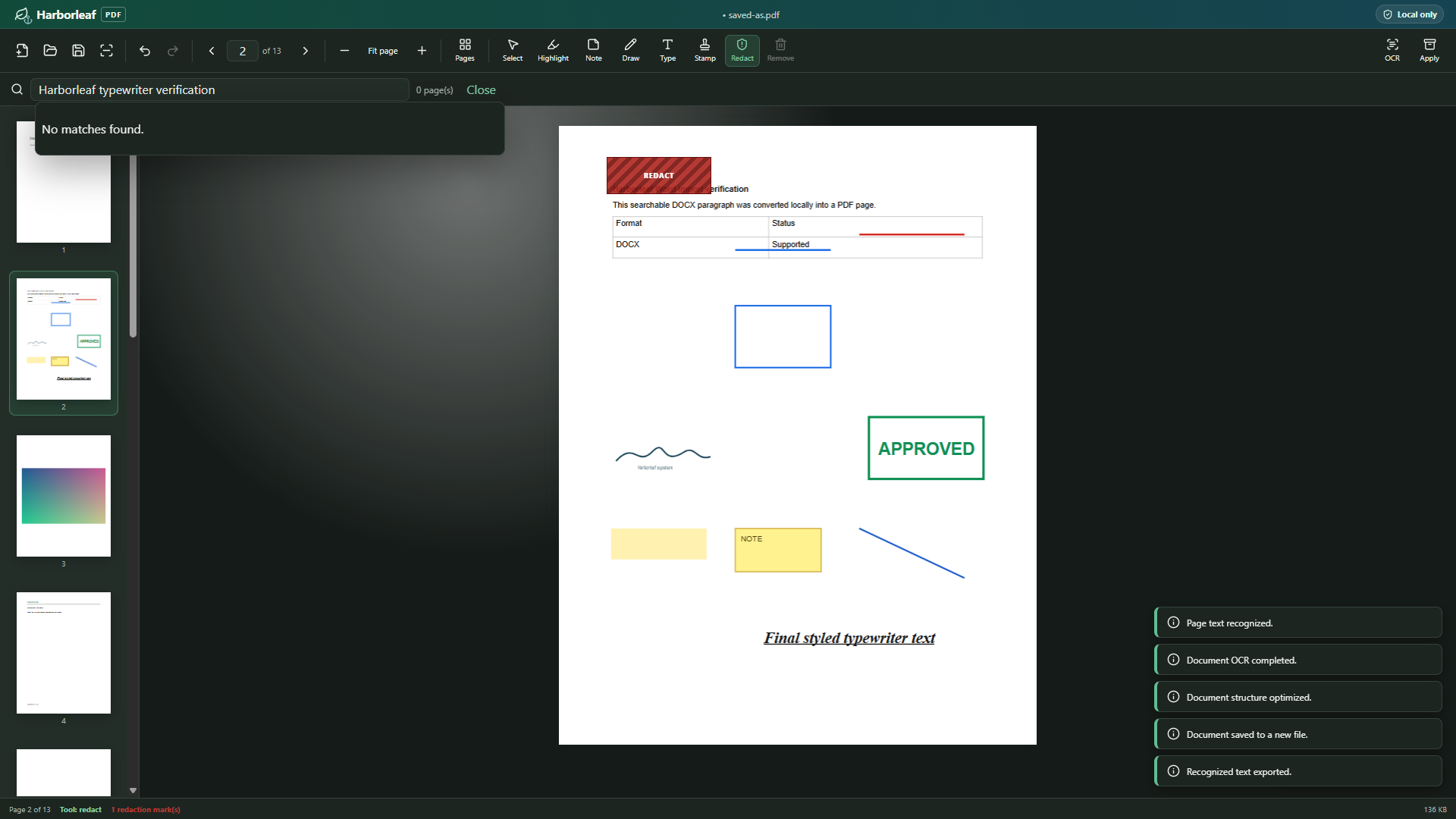 Harborleaf PDF workspace showing page thumbnails and local PDF editing tools